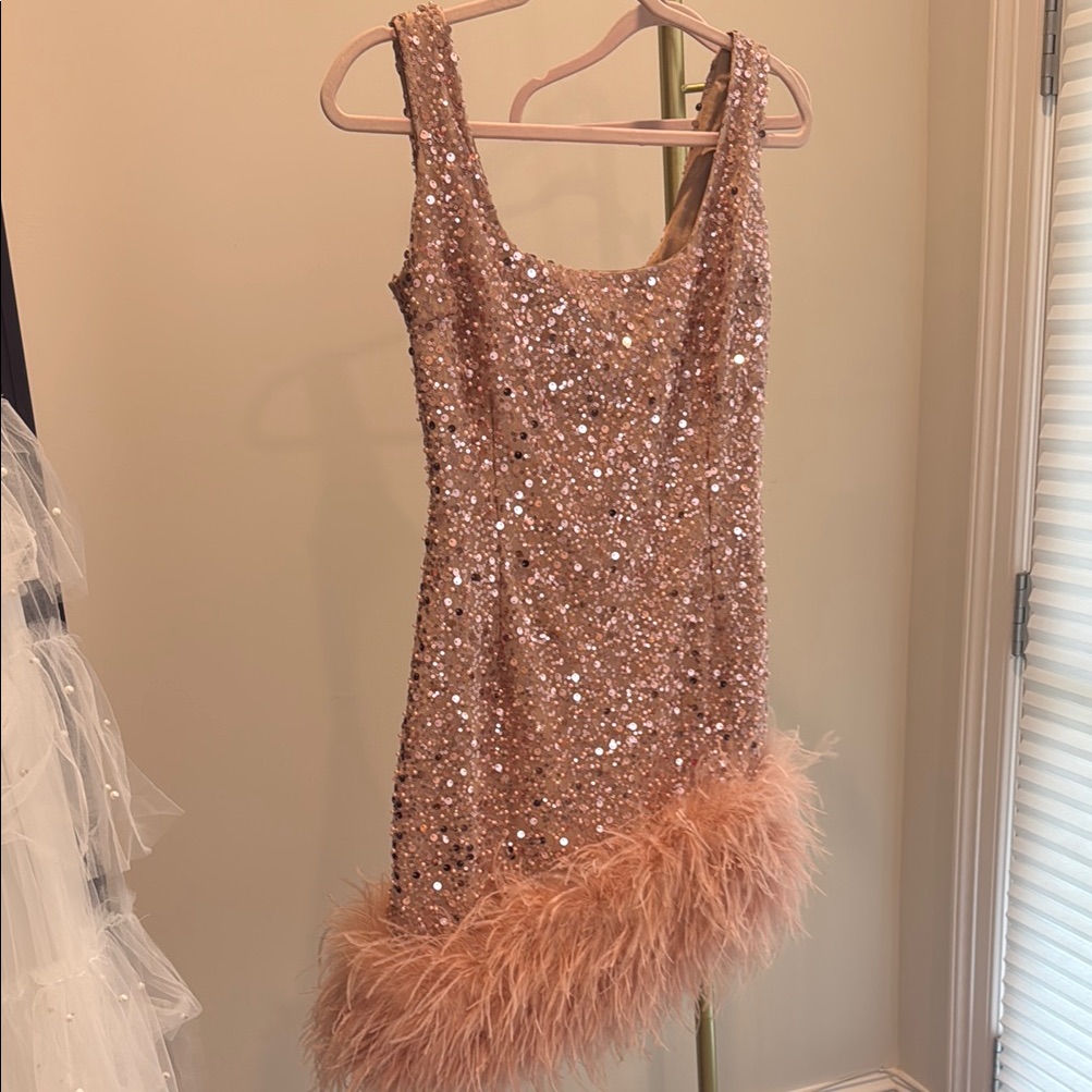 Nadine Merabi Rose Gold Sequin Feather Mini Dress